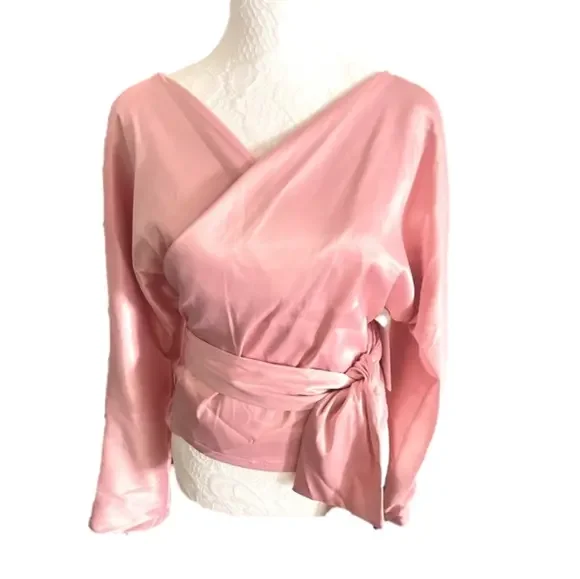 Blush Pink Satin Wrap Blouse with Bow & Brooch – Elegant Off-Shoulder Top - Picture 8 of 11
